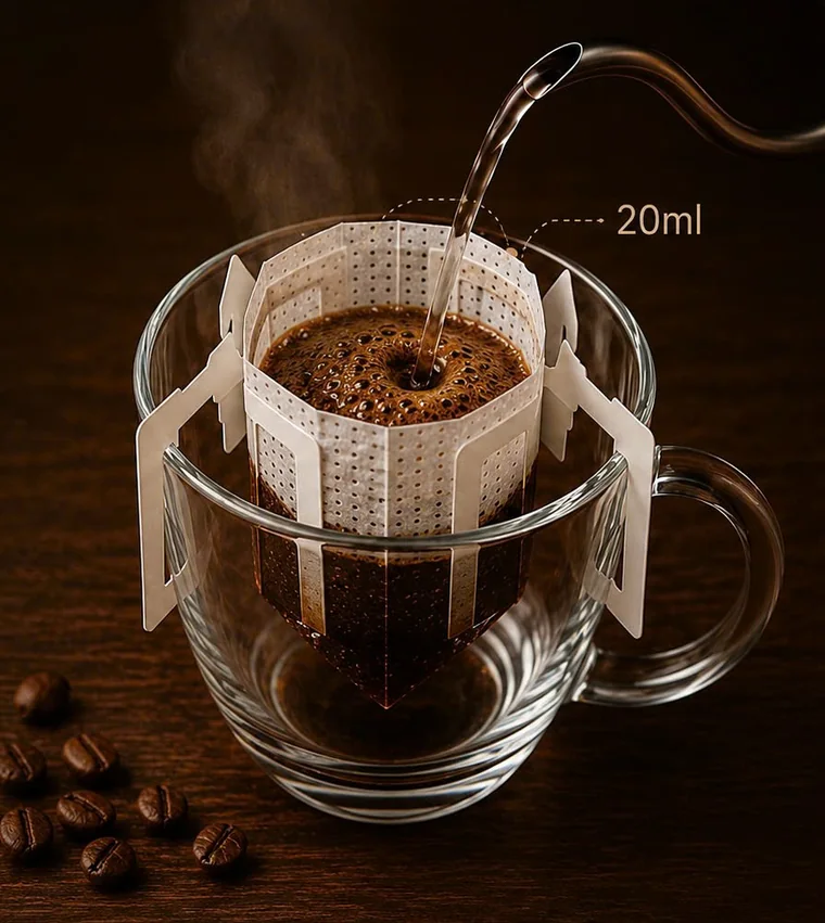 Add 20 ml of hot water and let it bloom for 20–30 seconds.