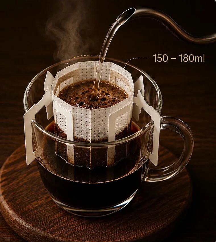 Pour in 150–180 ml more hot water. Let it drip through and enjoy.
